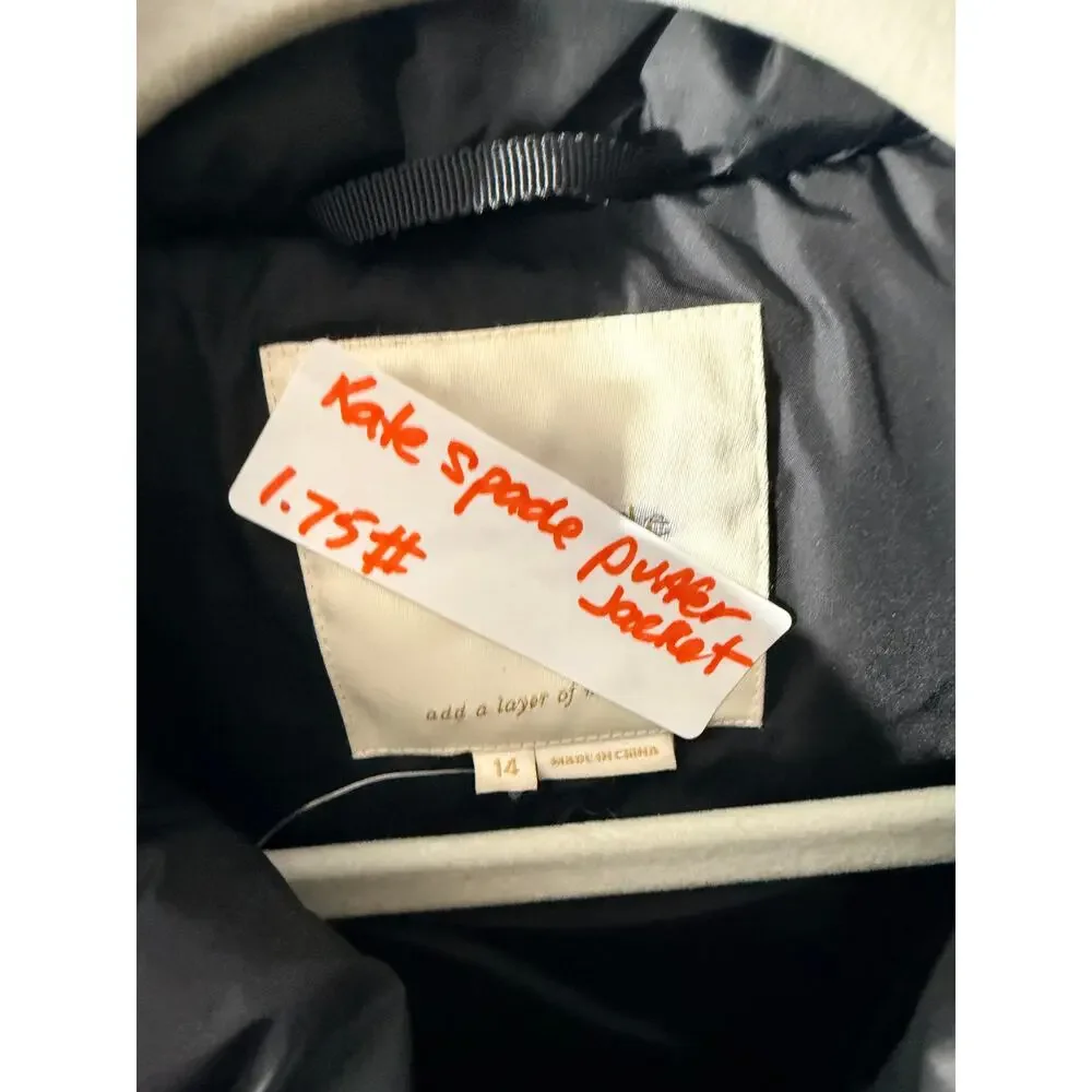 Kate Spade New York down puffer Jacket Size 14 NWOT Peplum Black Womens